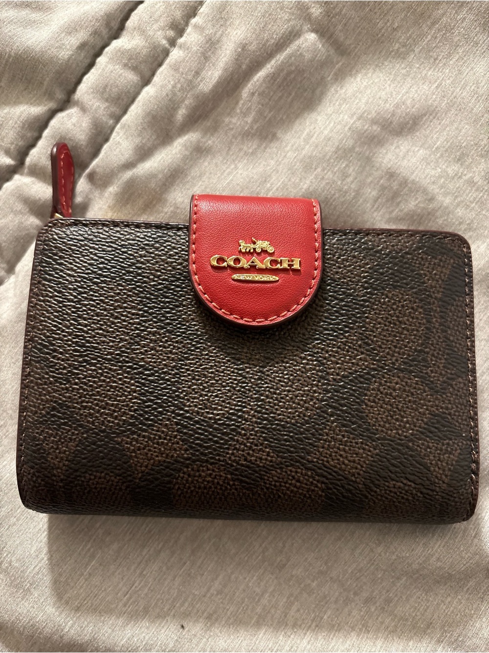 Coach Brown Signature Canvas Card Holder with Red Snap